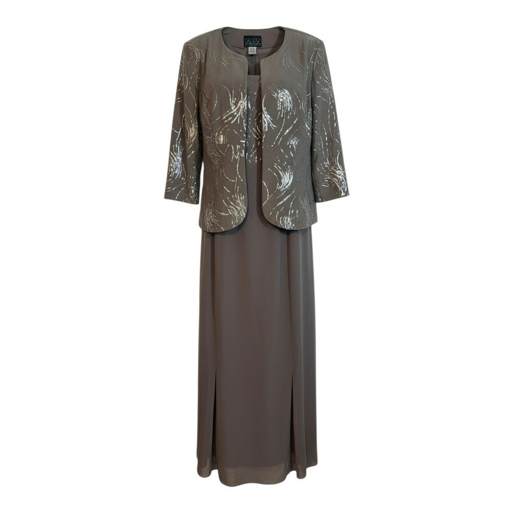 Alex Evenings Dress Set 16 Taupe Sequin Jacket Chiffon Maxi Gown Mother of Bride